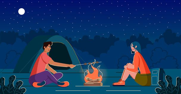 Man and woman on a campsite with a campfire and a tent. Man frying marshmallows on the wooden stick. - Vector, Image