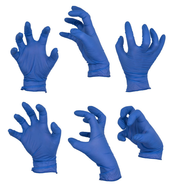 Χέρι φορώντας μπλε γάντι εξέτασης νιτριλίου σε μια τρομακτική πόζα νύχι, διάφορες απόψεις - Φωτογραφία, εικόνα