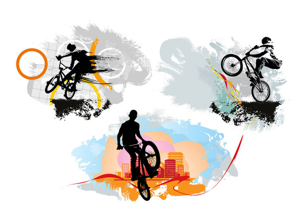 Actieve jonge mannen doen trucs op een fiets, extreme sport concept. Sport achtergrond klaar voor poster of banner, vector. - Vector, afbeelding