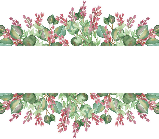 Watercolor hand painted nature floral herbal banner frame with pink heather flowers and green eucalyptus leaves on branches bouquet on the white background for invite and greeting card - Fotoğraf, Görsel