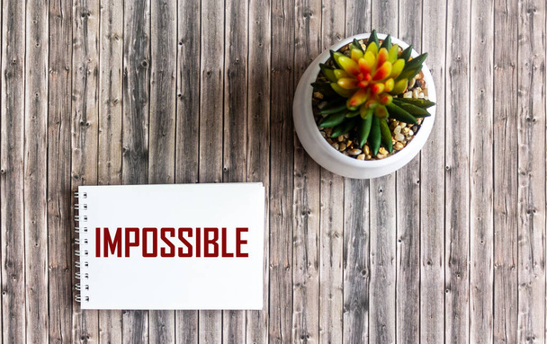 Imposible, la palabra está escrita en un cuaderno y una mesa de madera con un cactus. Imagen conceptual. - Foto, imagen