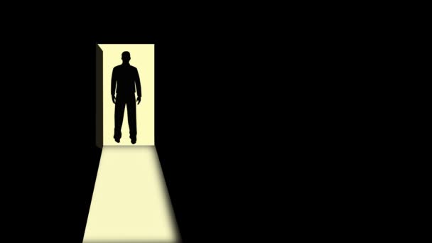 πλάνα από εικονογράφηση με άνοιγμα πόρτας και σιλουέτα ενός άνδρα στο φως - Πλάνα, βίντεο