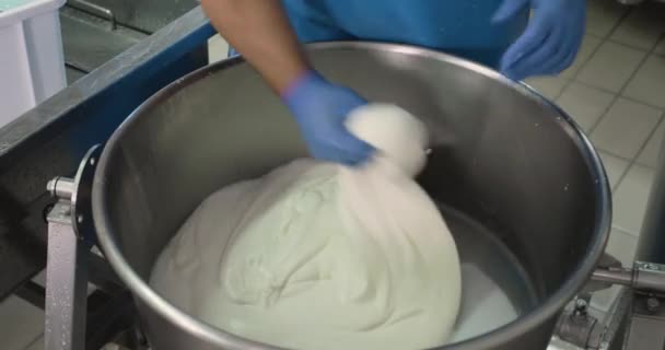 Nahaufnahmen von Menschen bei der Herstellung von Mozzarella-Käse in der Molkerei - Filmmaterial, Video