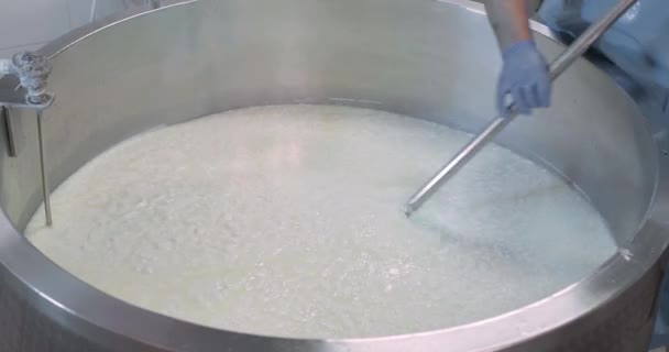 Nahaufnahmen von Menschen bei der Herstellung von Mozzarella-Käse in der Molkerei - Filmmaterial, Video