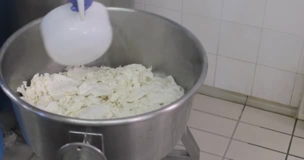 Nahaufnahmen von Männern bei der Herstellung von Mozzarella-Käse in einer Molkerei - Filmmaterial, Video