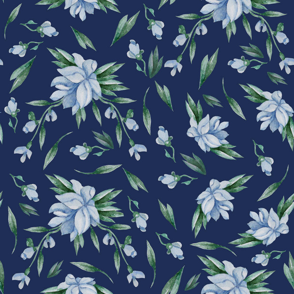 Seamless patterns. Blue flowers, buds and leaves on a dark blue background. Watercolor. Floral Patterns For holiday designs, decor, packaging, textiles and wallpaper. Hand drawing - Zdjęcie, obraz