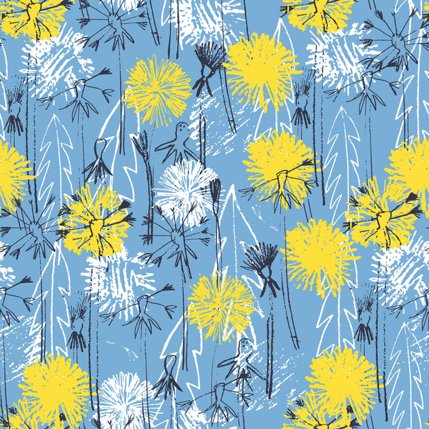 Απρόσκοπτη μοτίβο με ζωγραφισμένα στο χέρι λουλούδια πικραλίδα σε μπλε φόντο - Διάνυσμα, εικόνα