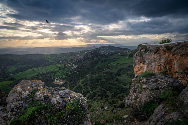 Dramaattinen maisema näkymä korkealla kalliolla auringonlaskun auringonsäteet ja korppikotka - Valokuva, kuva