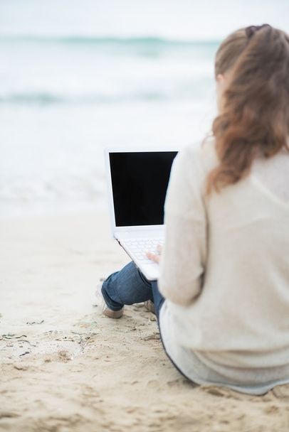 Woman with laptop on cold beach - 写真・画像