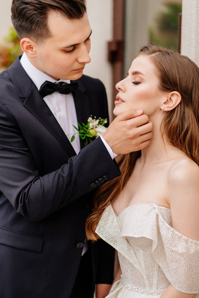 beautiful, gentle and happy bride and groom. man gently touches womans face - Zdjęcie, obraz
