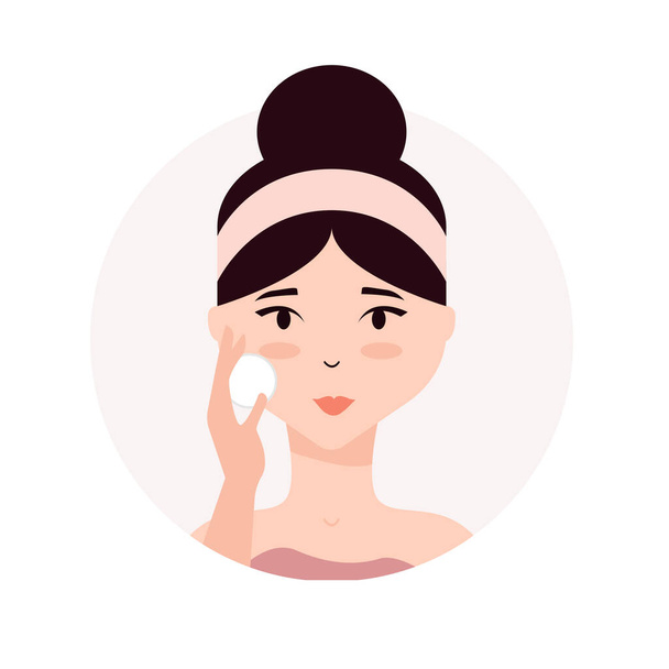 Woman taking care of her face. Daily skincare routine. Young woman applying facial lotion to her face with cotton pad. Skin hydration, moisturizing - Vector, Image