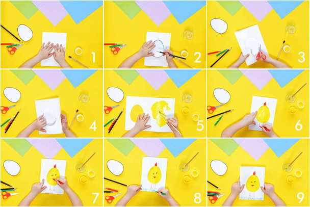 DIY y creatividad de los niños. Instrucciones paso a paso: Crea una tarjeta de Pascua con pollo. Artesanía de Pascua hecha a mano para niños - Foto, imagen