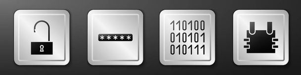 Set Open padlock, Password protection, Binary code and Bulletproof vest icon. Silver square button. Vector. - Vector, Image