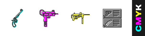 Ορίστε το περίστροφο όπλο, UZI submachine, Submachine M3 και το εικονίδιο καταλόγου όπλων. Διάνυσμα. - Διάνυσμα, εικόνα