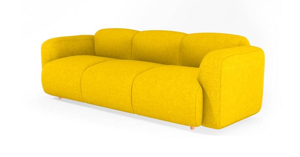 白い背景に木製の足で隔離された現代的な柔らかい黄色のファブリックソファ。ファッショナブルな快適な家具のシングルピース。スタイリッシュなオフィスファブリックソファ。贅沢なソファだ。室内物 - 写真・画像