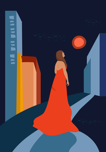 Yüzyılın ortası sanat afişi. Megalopolis 'te uzun elbiseli genç bir kadın. Gökdelenleri olan Broadway Caddesi. Soyut şehir manzarası.. - Vektör, Görsel
