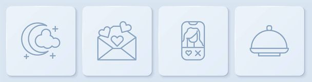 Definir linha Lua e estrelas, Namoro aplicativo on-line, Envelope com coração Valentine e bandeja coberta. Botão quadrado branco. Vetor. - Vetor, Imagem