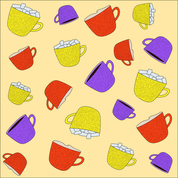 Színes poharak mintája. Kakaó mályvacukorral, cappuccinóval és kávéval - Vektor, kép