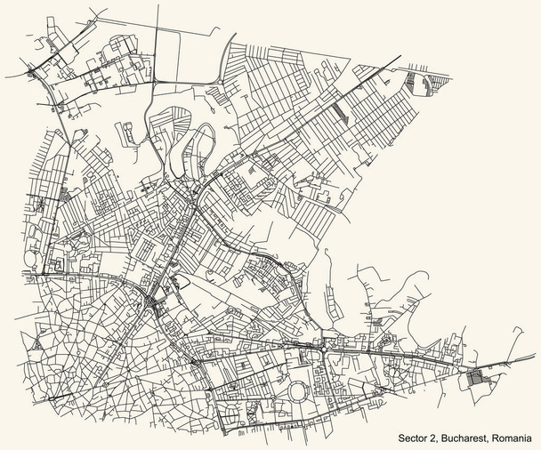 Czarna prosta szczegółowa mapa ulic na beżowym tle dzielnicy Sektor 2, Bukareszt, Rumunia - Wektor, obraz