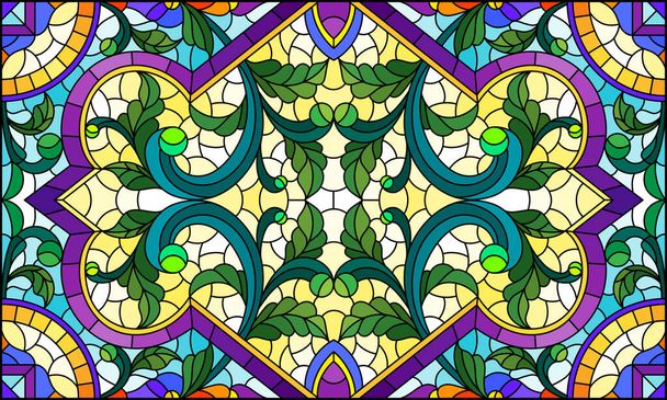 Illustration in stained glass style with abstract flowers, leaves and curls on a light background, rectangular horizontal image - Vector, Image