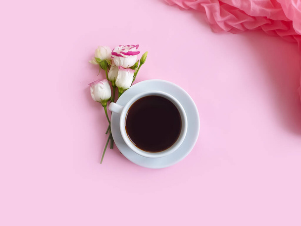 cup of coffee flower rose on a colored background - Photo, image