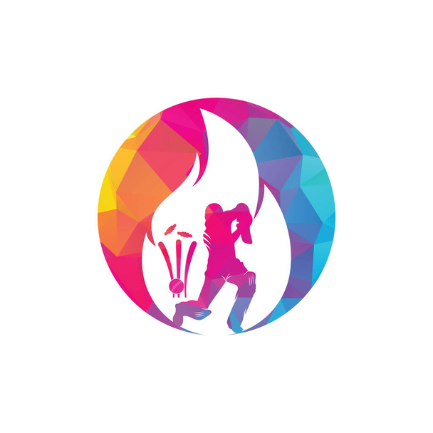 Progettazione del logo vettoriale del giocatore di cricket del fuoco. Icona del logo del fuoco di grillo. Batsman giocare a cricket e fuoco combinazione logo - Vettoriali, immagini