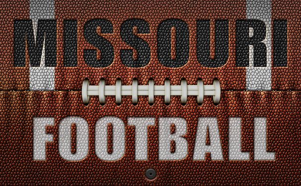Las palabras, Missouri Football, grabadas en un balón de fútbol aplanado en dos dimensiones. Ilustración 3D - Foto, Imagen