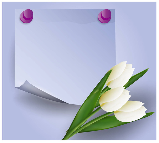 Bílé tulipány na fialovém pozadí. Místo pro textovku. Květinová šablona pro pohlednici, pozvánku, banner, plakát. Realistický 3D vektor. - Vektor, obrázek