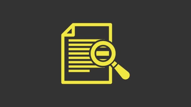 Yellow Document with search icon isolated on grey background. File and magnifying glass icon. Analytics research sign. 4K Video motion graphic animation - Footage, Video