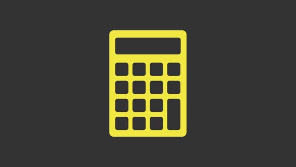 Icône Calculatrice jaune isolée sur fond gris. Symbole comptable. Calcul des entreprises mathématiques éducation et finance. Animation graphique de mouvement vidéo 4K - Séquence, vidéo