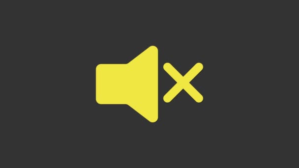 Ícone de alto-falante amarelo mudo isolado no fundo cinza. Nenhum ícone de som. Volume fora símbolo. Animação gráfica em movimento de vídeo 4K - Filmagem, Vídeo