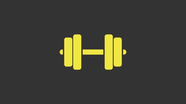 Желтый значок Дамбелла выделен на сером фоне. Подъем мышц, фитнес-штанга, тренажерный зал, символ спортивного инвентаря, гимнастика. Видеографическая анимация 4K - Кадры, видео