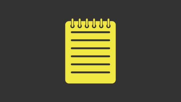 Ікона "Жовта книга" ізольована на сірому фоні. Спіральна ікона блокноту. Пишущая тачка. Щоденник для бізнесу. Дизайн обкладинки. 4K Відеографічна анімація - Кадри, відео