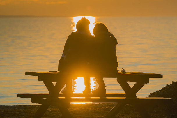 lesbisch paar enoying een romantisch avond bij een meer tijdens zonsondergang in de winter tijd. - Foto, afbeelding