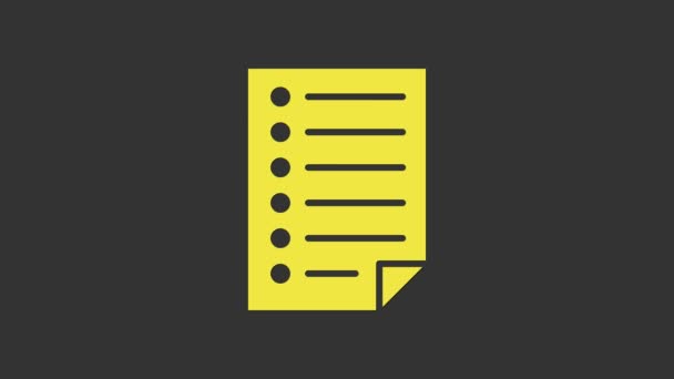 Ikona žlutého dokumentu izolovaná na šedém pozadí. Ikona souboru. Ikona seznamu. Obchodní koncept. Grafická animace pohybu videa 4K - Záběry, video