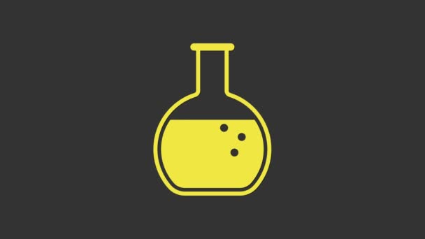 Keltainen koeputki ja pullo - harmaalla pohjalla eristetty kemiallinen laboratoriotestikuvake. 4K Video motion graafinen animaatio - Materiaali, video
