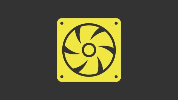 Żółta ikona chłodziarki wyizolowana na szarym tle. Wentylator sprzętu komputerowego. 4K Animacja graficzna ruchu wideo - Materiał filmowy, wideo