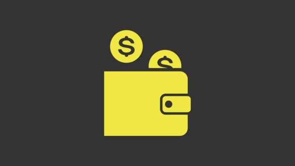 Carteira amarela com ícone de moeda isolado no fundo cinza. Carteira de dinheiro. Símbolo do dólar. Animação gráfica em movimento de vídeo 4K - Filmagem, Vídeo