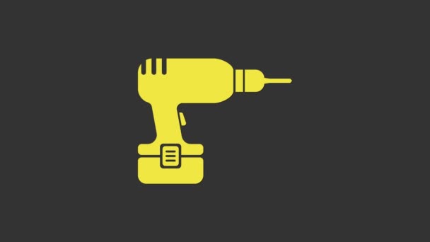 Icono de la máquina perforadora amarilla aislado sobre fondo gris. Animación gráfica de vídeo 4K - Metraje, vídeo