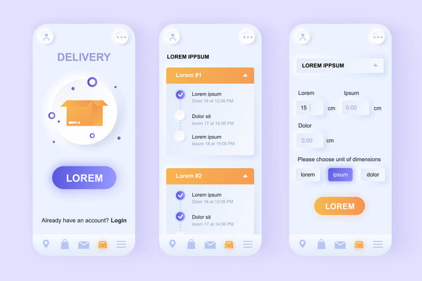 Delivery service unique neomorphic design kit. Online order and express delivery service with shipping time and route description. UI UX templates set. Vector illustration of GUI for mobile app. - Vector, Image