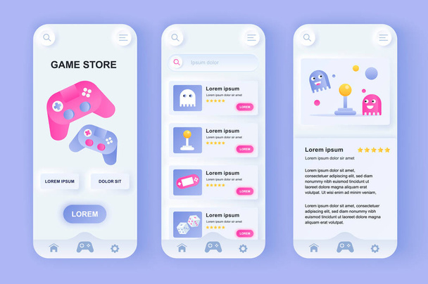 Game store unique neomorphic design kit. Online store of computer video games, gaming controllers and mobile accessories. UI UX templates set. Vector illustration of GUI for responsive mobile app. - Vector, Image