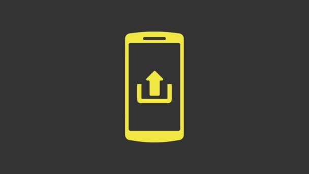 Yellow Smartphone with upload icon isolated on grey background. 4K Video motion graphic animation - Footage, Video