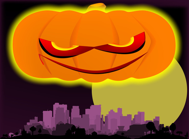 Evil Pumpkin Over The City. - Vector, Image