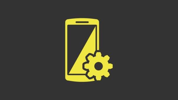 Akıllı telefon simgesinde sarı ayar gri arkaplanda izole edildi. Cep telefonu ve teçhizat. Ayarlama, servis, ayar, bakım, onarım, onarım. 4K Video hareketli grafik canlandırması - Video, Çekim