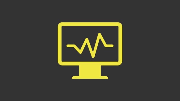 Keltainen tietokone näyttö kardiogrammi kuvake eristetty harmaalla taustalla. Seurantakuvake. EKG monitori sydämen syke käsin piirretty. 4K Video motion graafinen animaatio - Materiaali, video