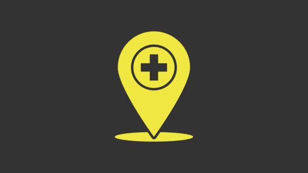 Pointeur de carte médicale jaune avec icône d'hôpital transversale isolée sur fond gris. Animation graphique de mouvement vidéo 4K - Séquence, vidéo
