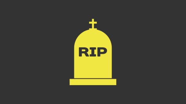 Lápida amarilla con RIP escrito en él icono aislado sobre fondo gris. Icono de tumba. Animación gráfica de vídeo 4K - Metraje, vídeo