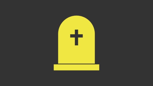 黄色のトムストーンで、クロスアイコンが灰色の背景に隔離されています。墓のアイコン。4Kビデオモーショングラフィックアニメーション - 映像、動画