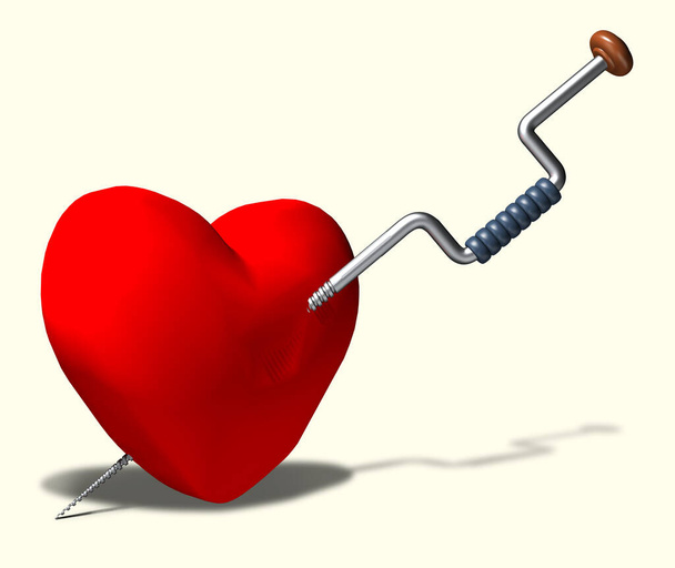 Модель сердца, ручная дрель, прокрученная в сердце. 3D рендеринг, иллюстрация. - Фото, изображение