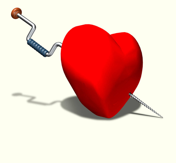 Modelo de corazón, taladro manual, desplazado en el corazón. 3d representación, ilustración. - Foto, Imagen